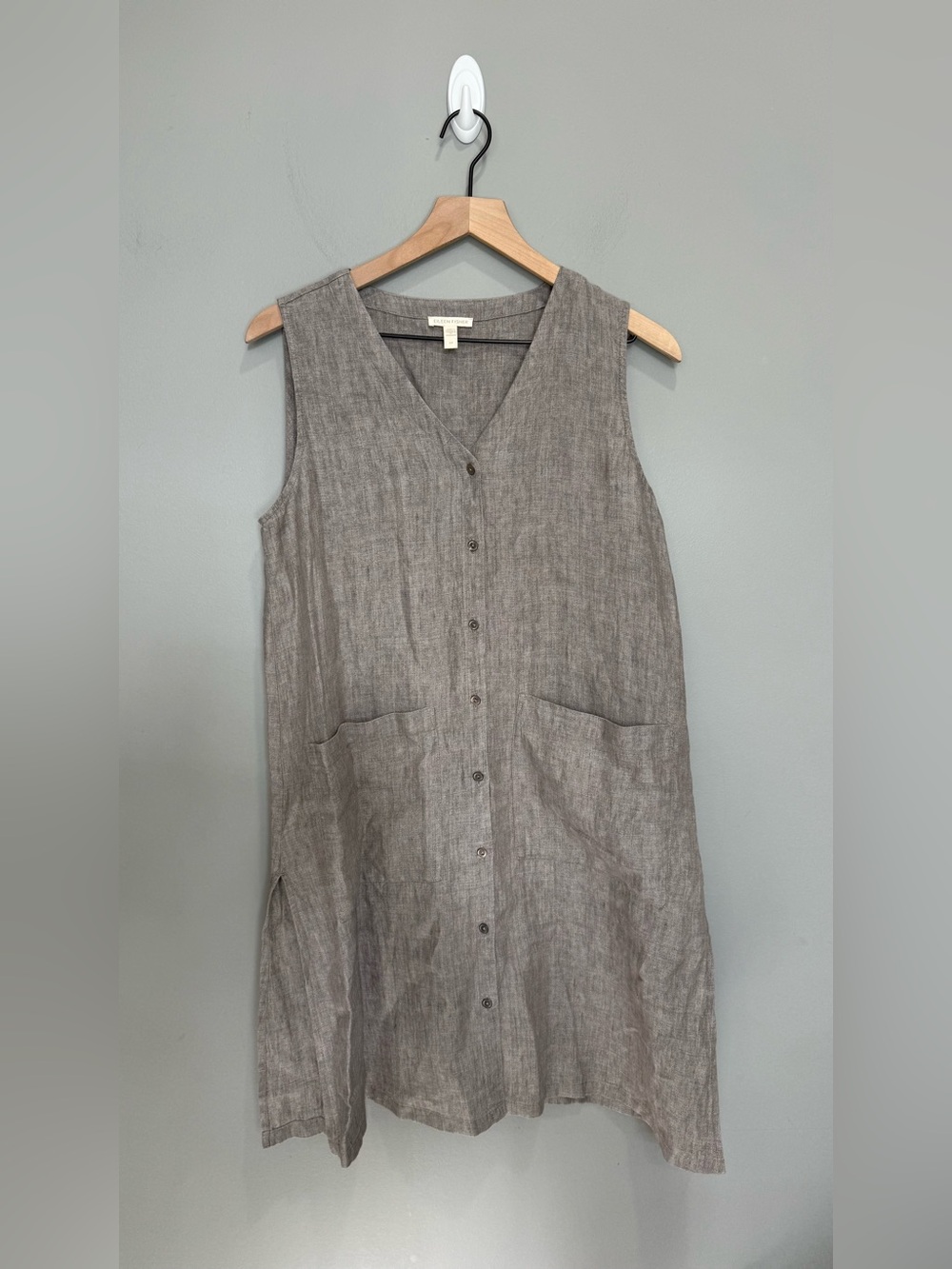 Eileen Fisher Organic Linen Button Front Midi Dress Gray S Pockets
